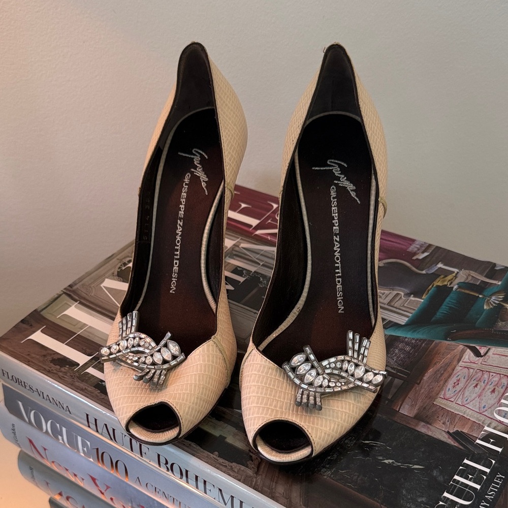 Giuseppe Zanotti Cream Peep-Toe Heels with Crystal Embellishment